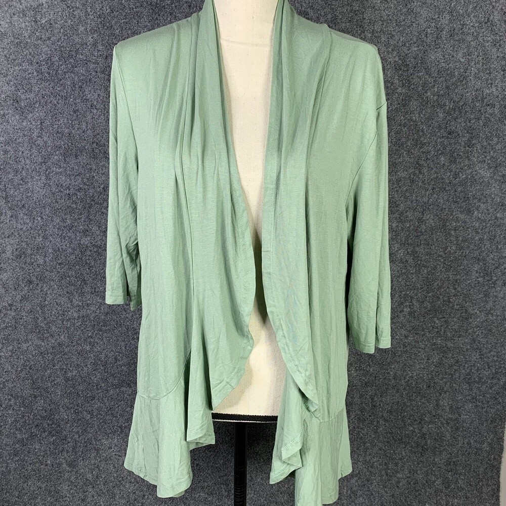 Bluetime Stretchy Knit Open Cardigan Women L Green NWT Rounded Hems Elbow Sleeve
